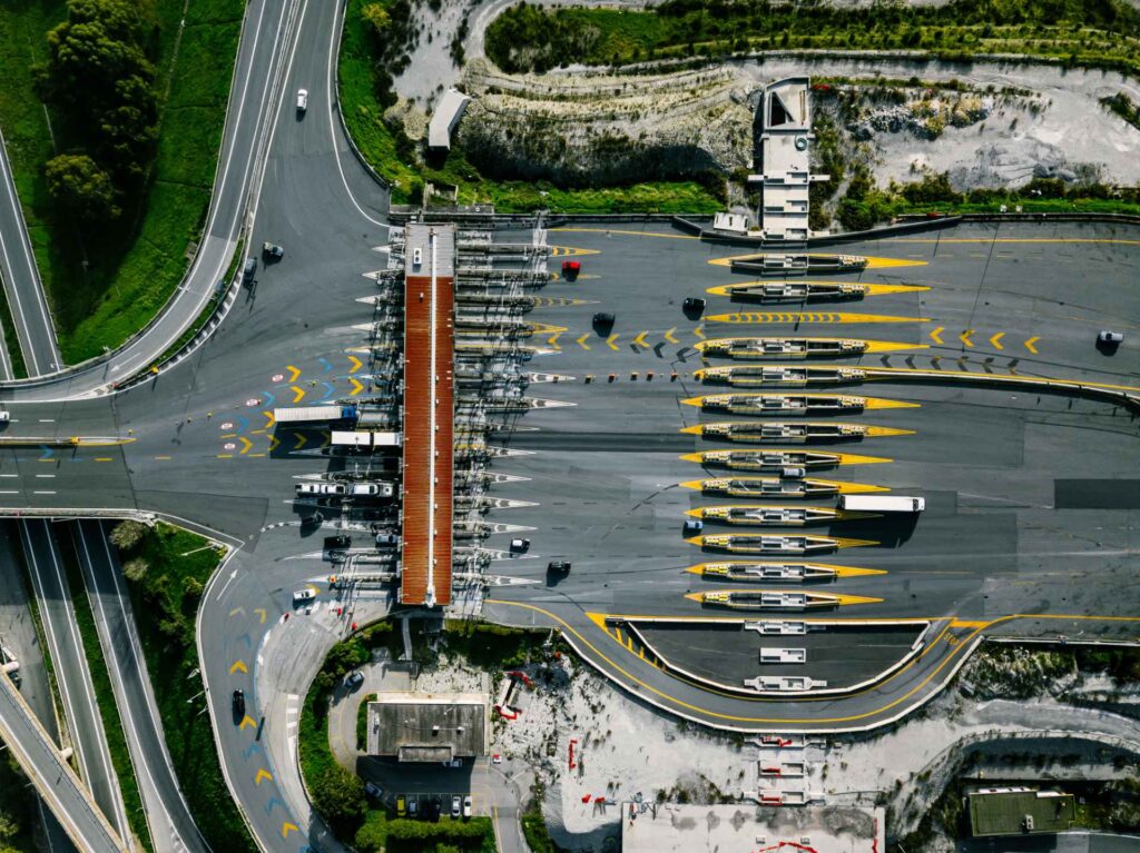 Aerial view of controlled vehicle access lanes